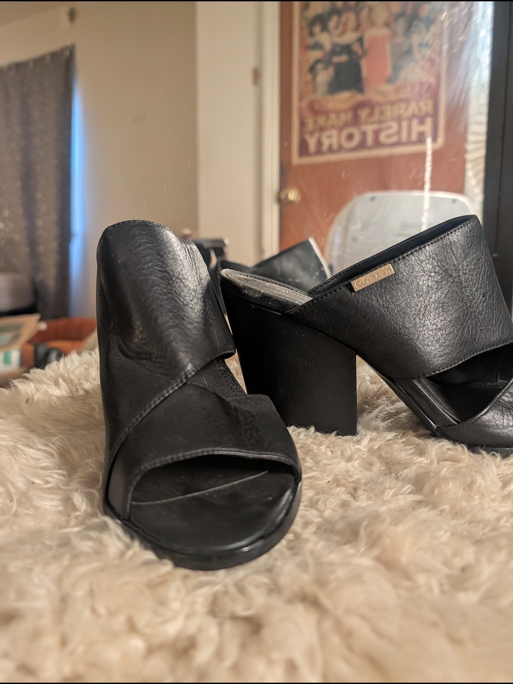 Calvin Klein Black Leather Slip-On Block Heel Mules
